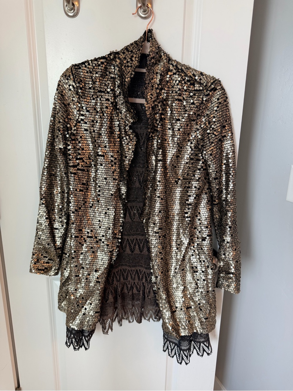 Free People Gold Sequin Open-Front Blazer with Lace Trim